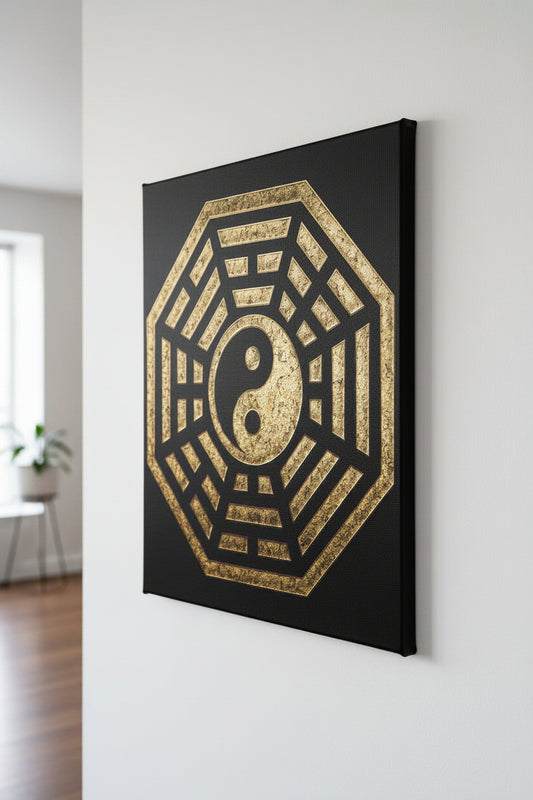 Bagua Yin Yang with Gold Glitter Varnished 16in x 20in Canvas Print
