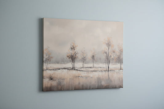 minimalist painting grey, white and black trees on snowy landscape