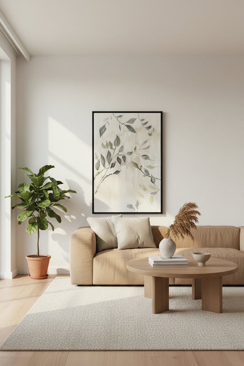 Neutral color canvas print with Leaves painted advertising style shot, soft sun shadow, empty penthouse, Scandinavian minimalism, neutral warm, detailed.