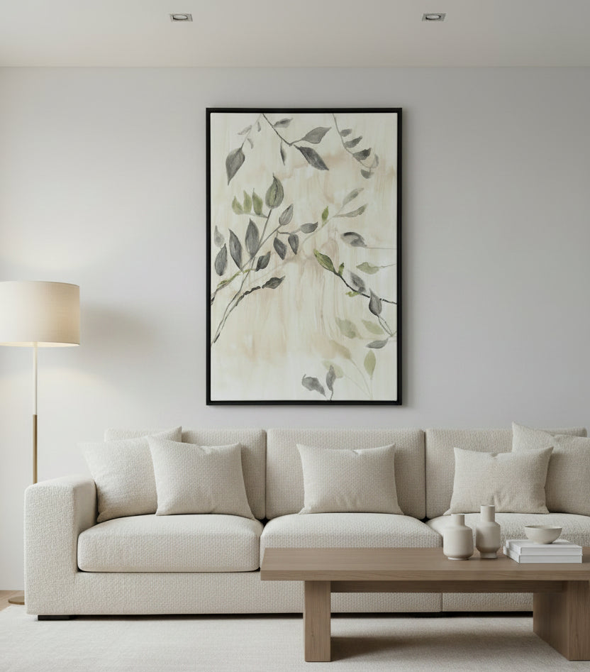 Painted Leaves Wall Art 24" x 36" Black Framed Varnished Canvas Print