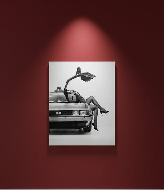 Black & White DeLorean Wall Art 16in x 20in Canvas Print