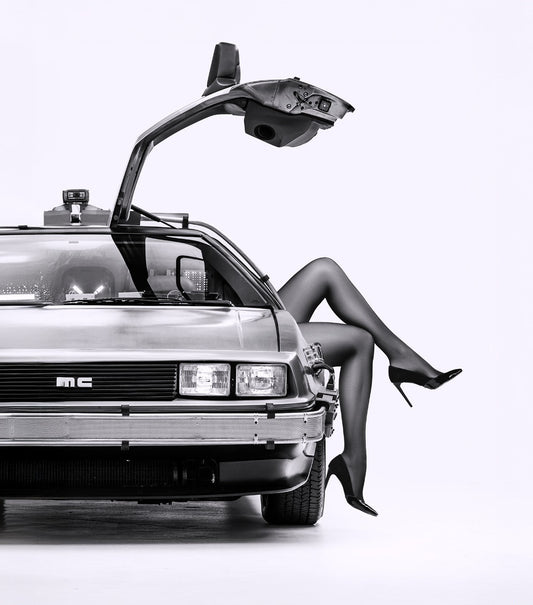 Black & White DeLorean and Lady's legs Canvas Print