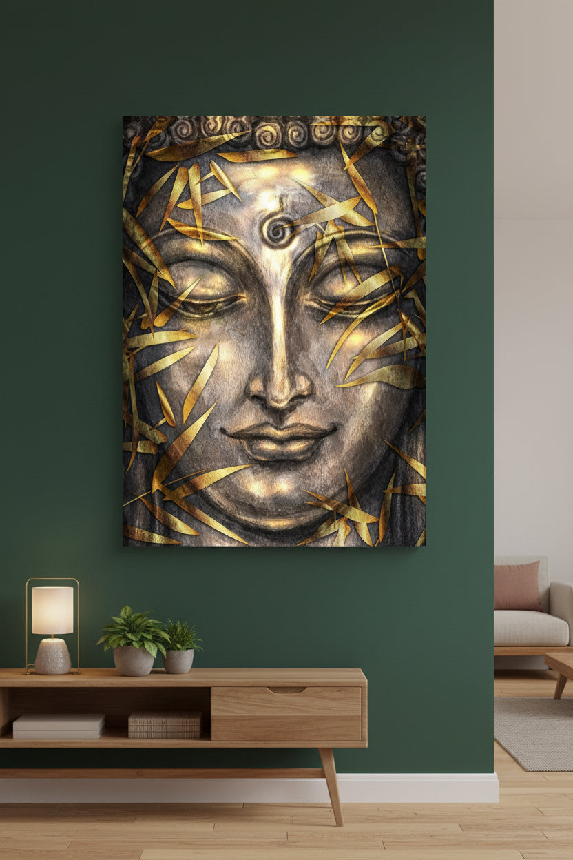BUDDHA STATUE CANVAS ART GOLD LEAVES