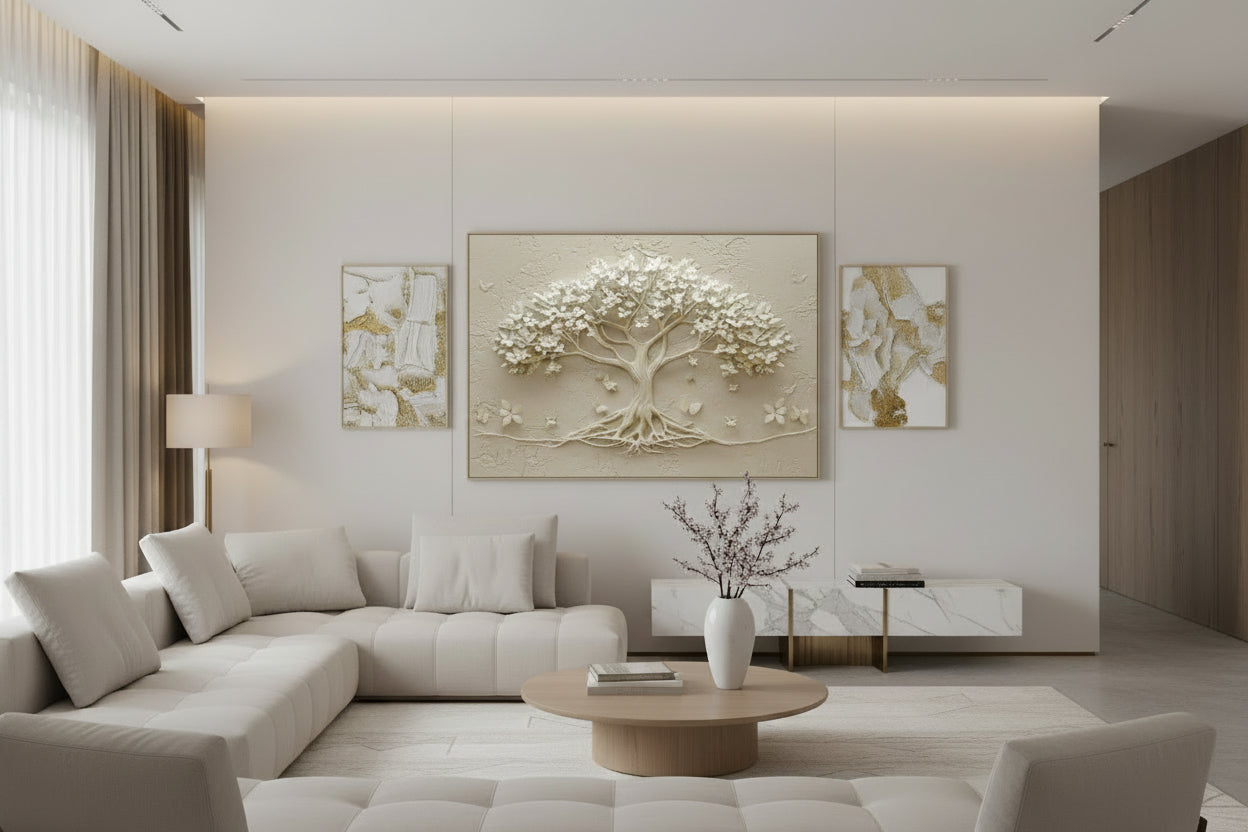 White tree canvas print display in neutral tone living room background . 