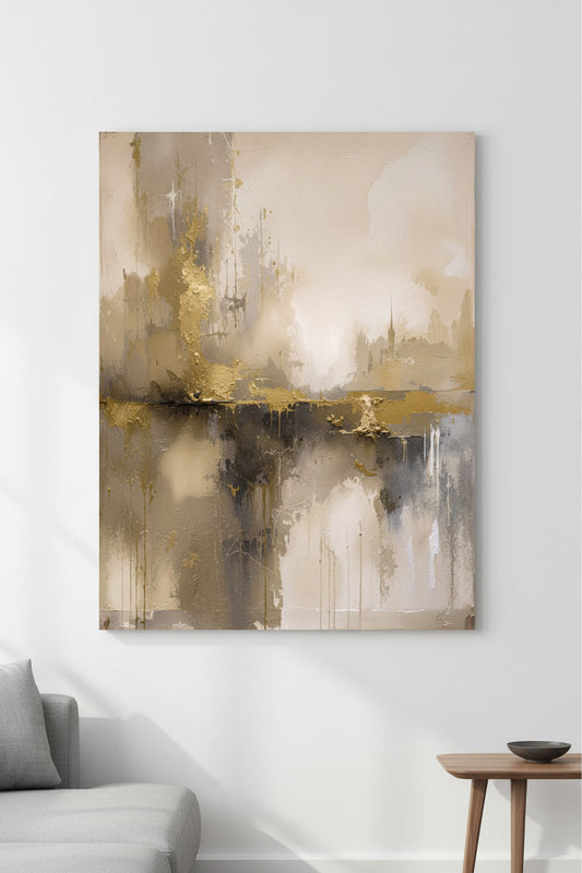 GOLD CITY SKYLINE ON GREY AND BEIGE BACKGROUND ABSTRACT ART