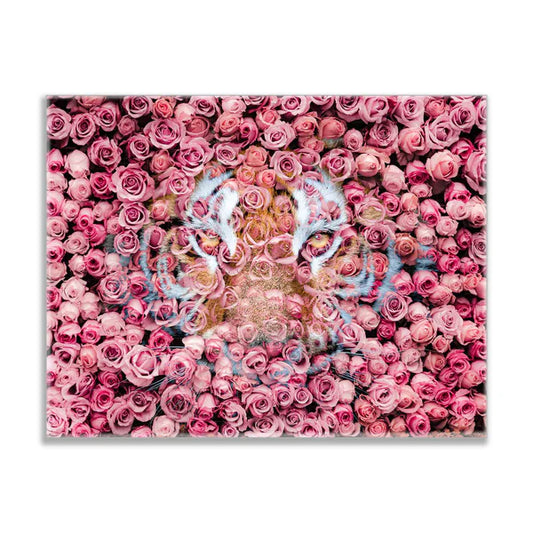 Tiger in Roses Wildlife Animal Art-48" X 36" Canvas Print with Gold varnish