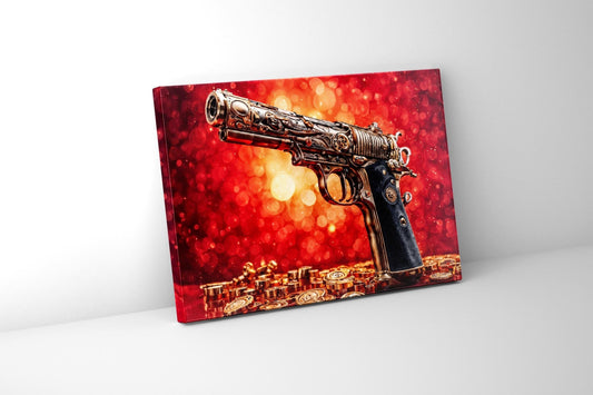 Wall Art - Gun & Money Canvas Printed Pop Art. The image shows a printed portrait leaning against the wall, the print shows a gun with a red and gold background and gold coins on the floor.