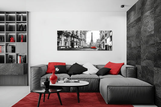Red Car in Black & White Paris 72" X 24" Canvas Print Wall Art