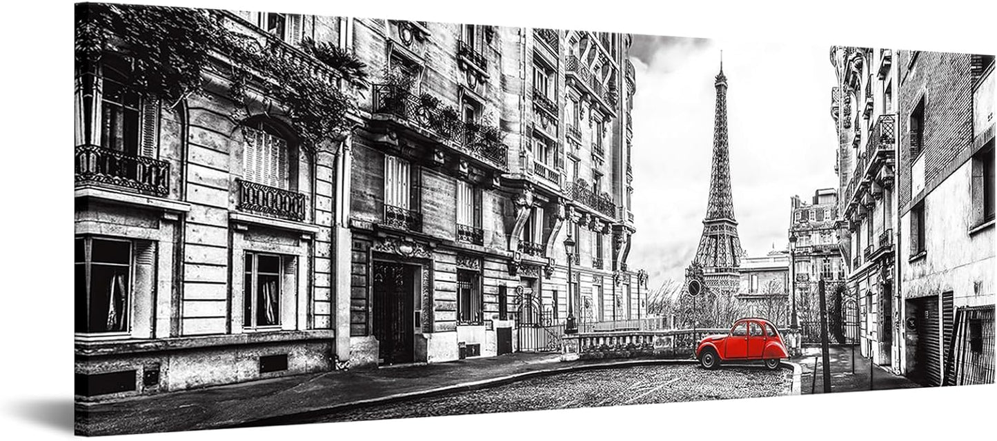 Red Car in Black & White Paris 72" X 24" Canvas Print Wall Art