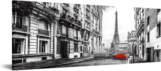 Red Car in Black & White Paris 72" X 24" Canvas Print Wall Art