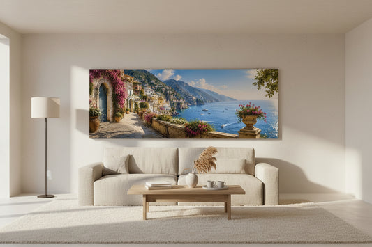 canvas display on wall setting in minimal furniture couch in sand tone palette. Warm bright light shine from window on left side of the room
