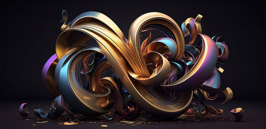 Metallic Gold, purple & teal curves on a black background 