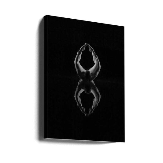 8 by Leszek Paradowski, gallery-wrapped canvas viewed at an angle; monochrome figure with raised arms and a mirrored reflection.