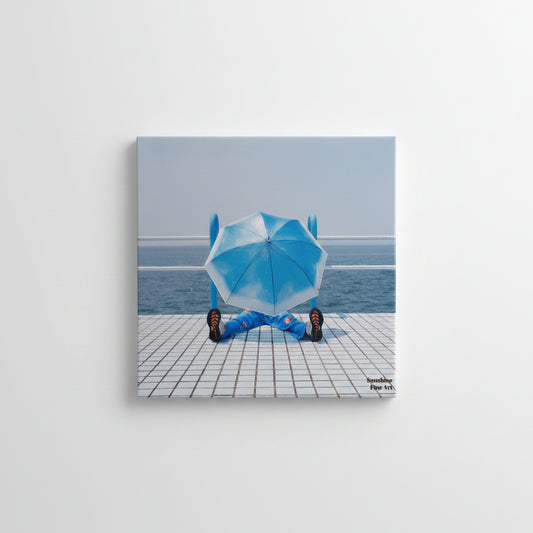 Hidden Man Behind Blue Umbrella  8"x 8" Varnished Canvas Print Wall Art