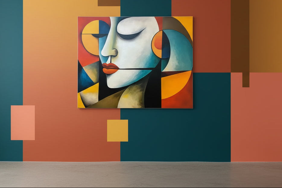 Abstract art piece with geometric shapes on a canvas
