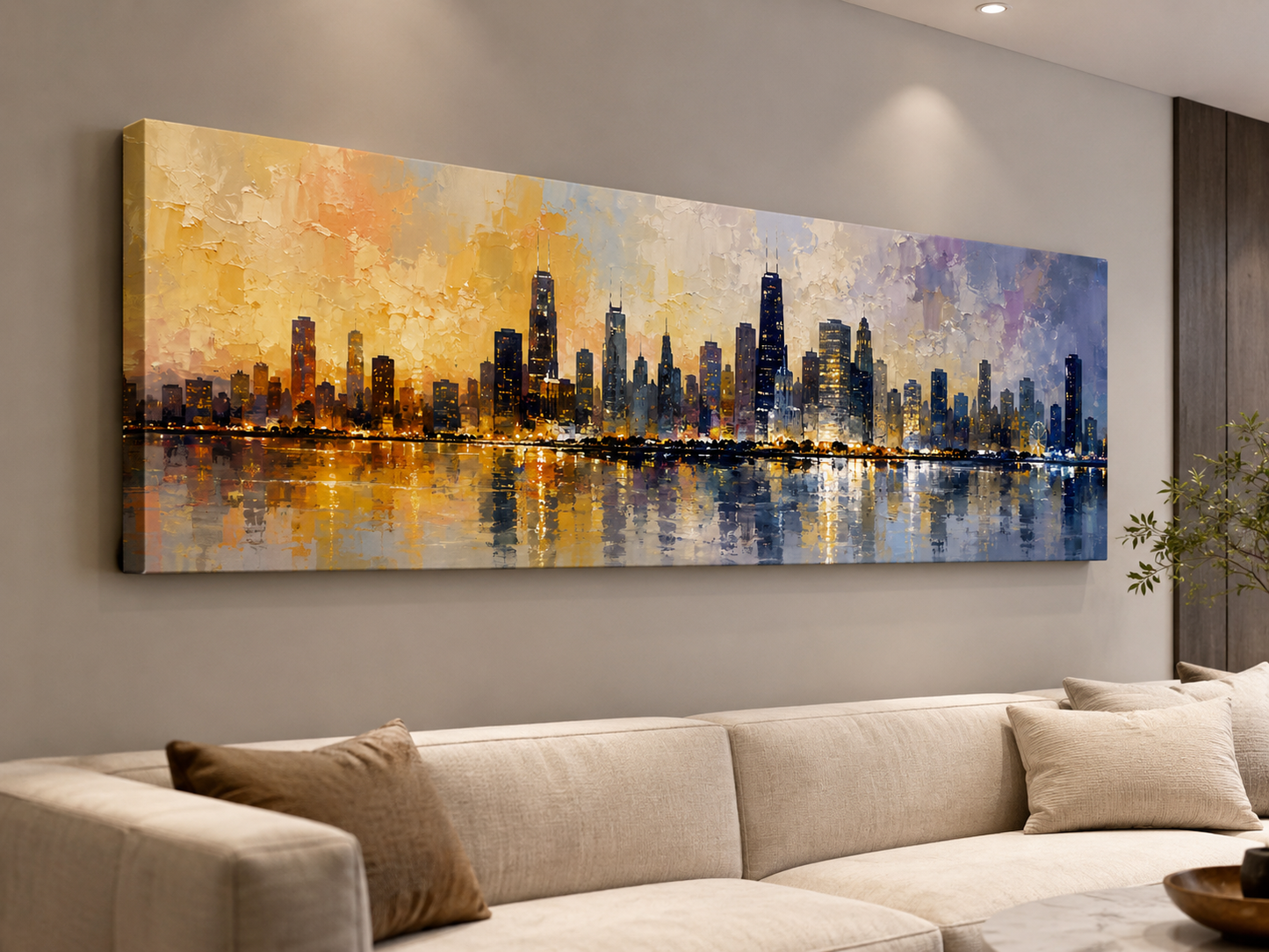 A large rectangular canvas wall art print depicting a city skyline with glowing reflections on water, hung above a beige sofa in a modern living room setting.