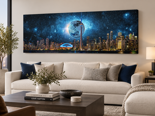Toronto Skyline Moon Canvas Print | Panoramic City Night Wall Art