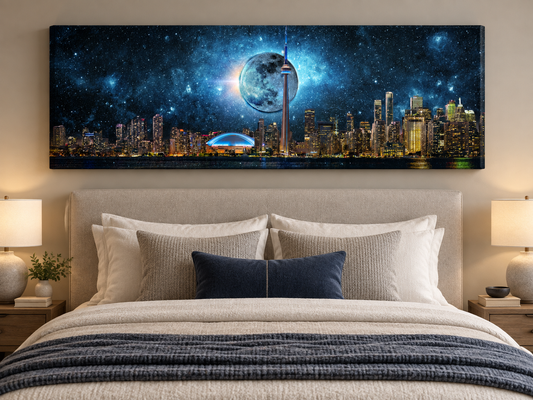 Toronto Skyline Moon Canvas Print | Panoramic City Night Wall Art