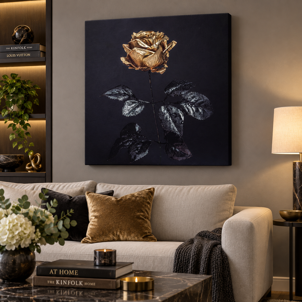 Gold Rose Canvas Print | 36×36 Glitter Finish Large Format Wall Art