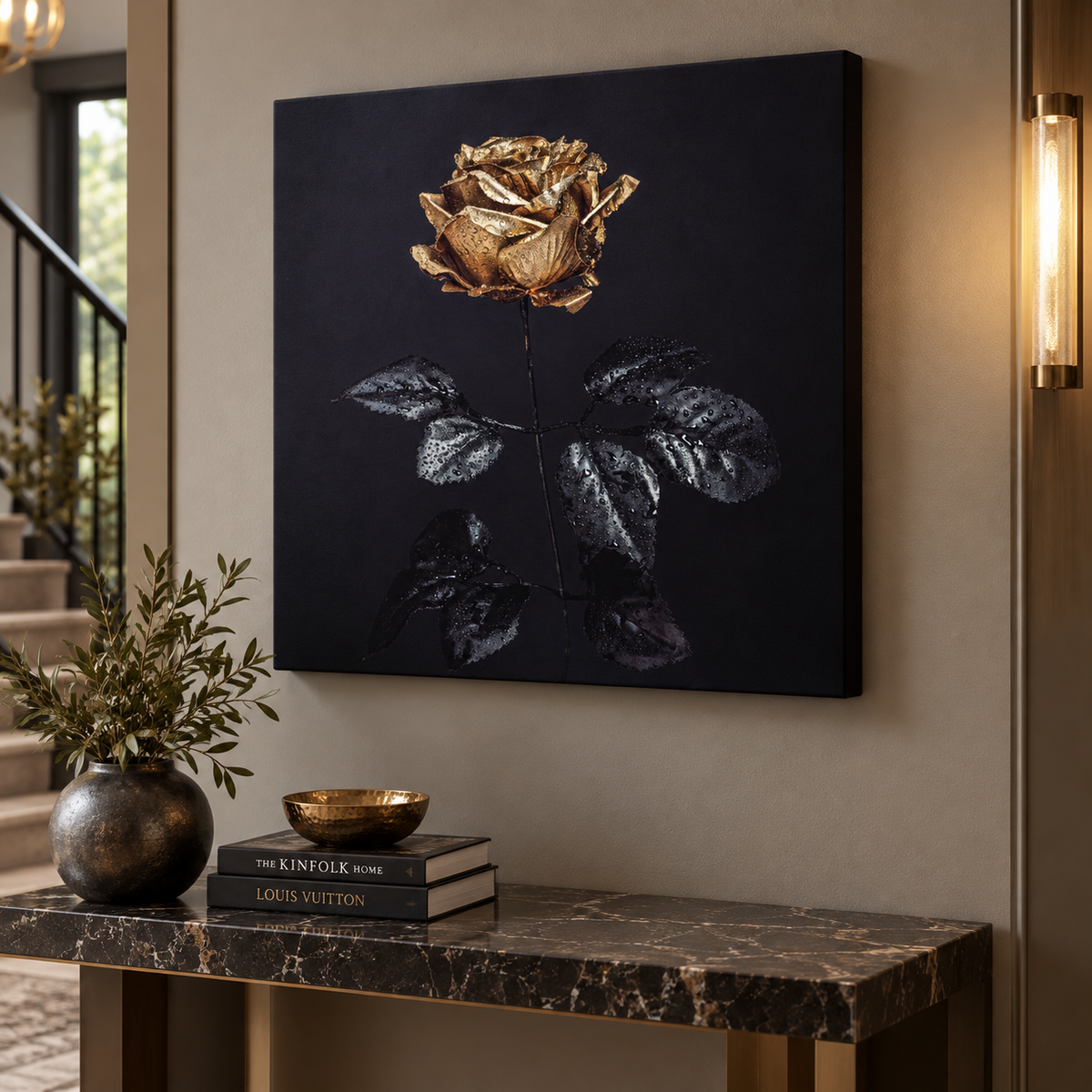 Gold Rose Canvas Print | 36×36 Glitter Finish Large Format Wall Art