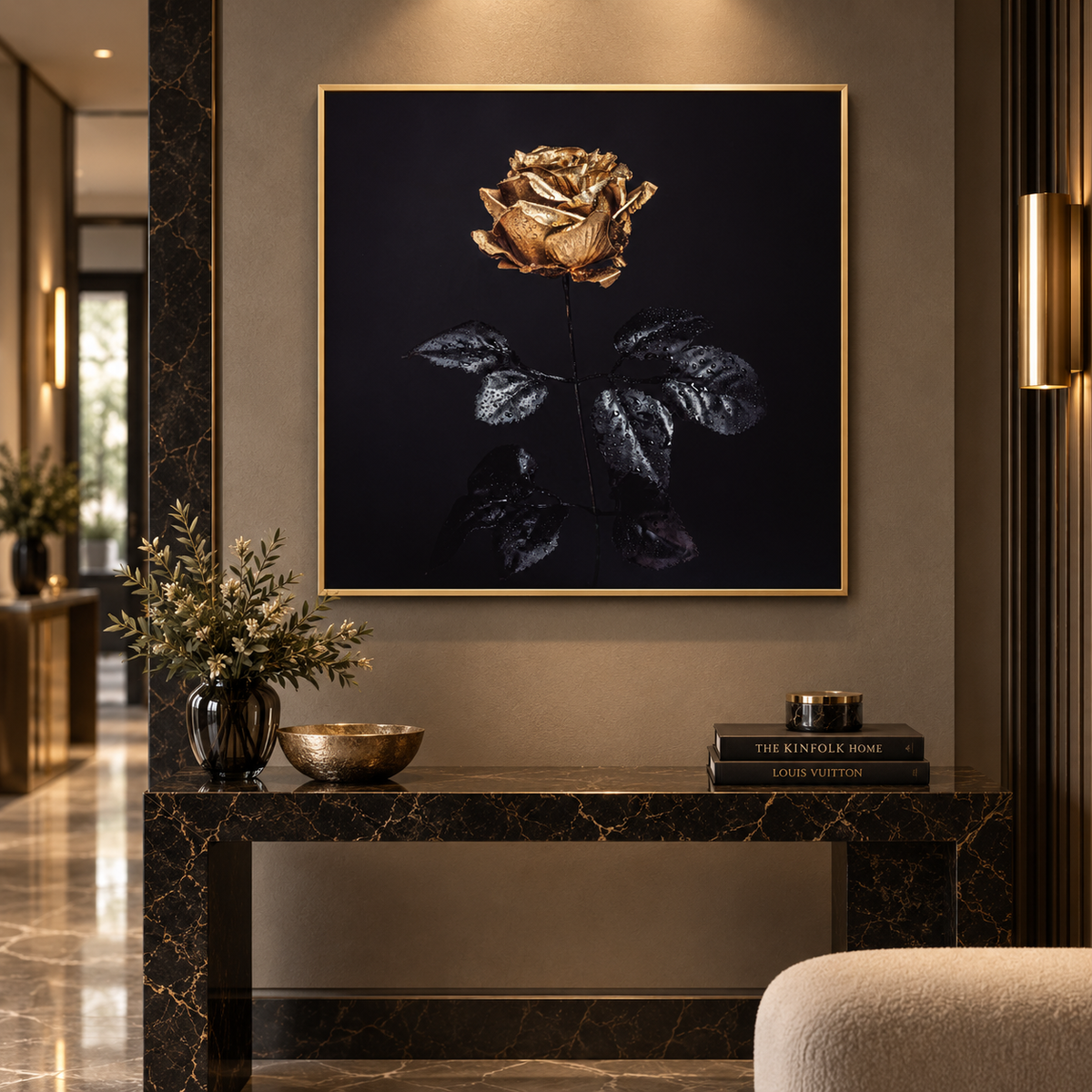 Gold Rose Canvas Print | 36×36 Glitter Finish Large Format Wall Art