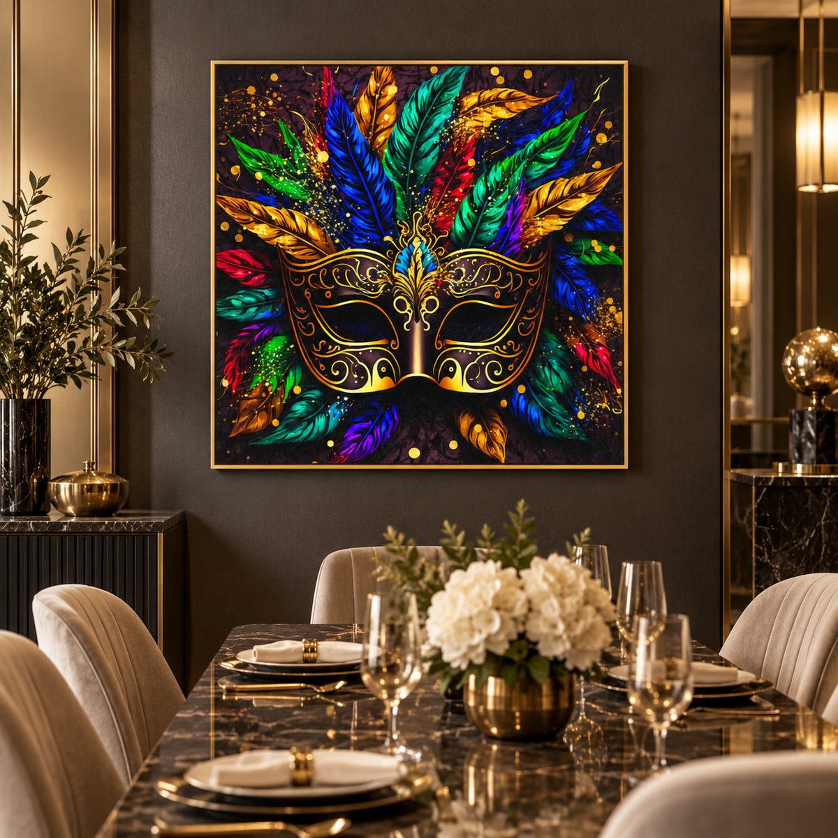 Colorful Mask Canvas Print | 36×36 RGB Shimmer Finish Wall Art