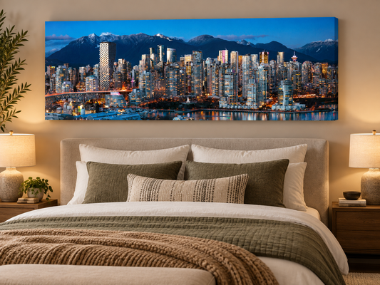 Vancouver Skyline at Dusk Canvas Print | Snow-Capped Mountains Panoramic Wall Art