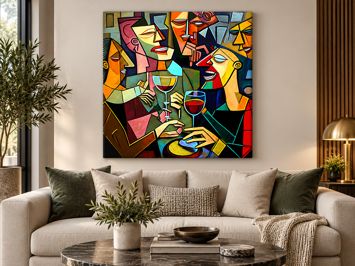 Cubist Wine Party Canvas Print | Picasso-Style Drinking Group Wall Art