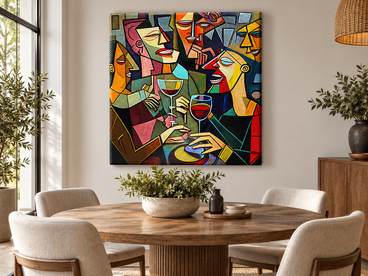 Cubist Wine Party Canvas Print | Picasso-Style Drinking Group Wall Art
