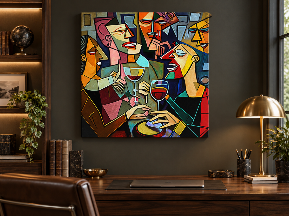 Cubist Wine Party Canvas Print | Picasso-Style Drinking Group Wall Art
