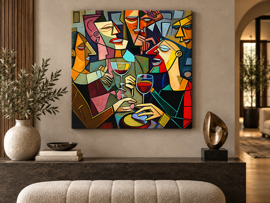 Cubist Wine Party Canvas Print | Picasso-Style Drinking Group Wall Art