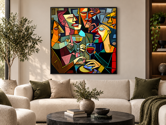 Cubist Wine Party Canvas Print | Picasso-Style Drinking Group Wall Art