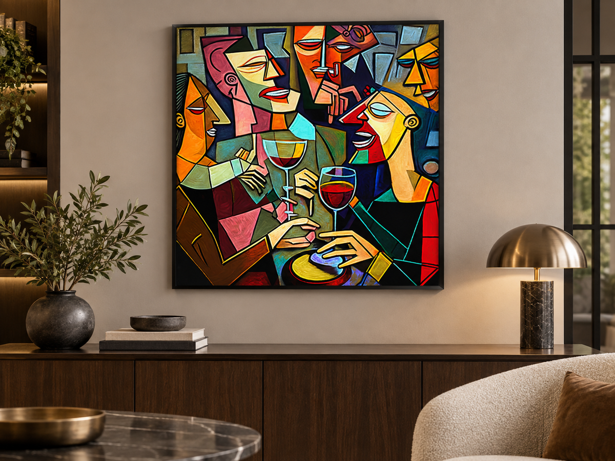 Cubist Wine Party Canvas Print | Picasso-Style Drinking Group Wall Art