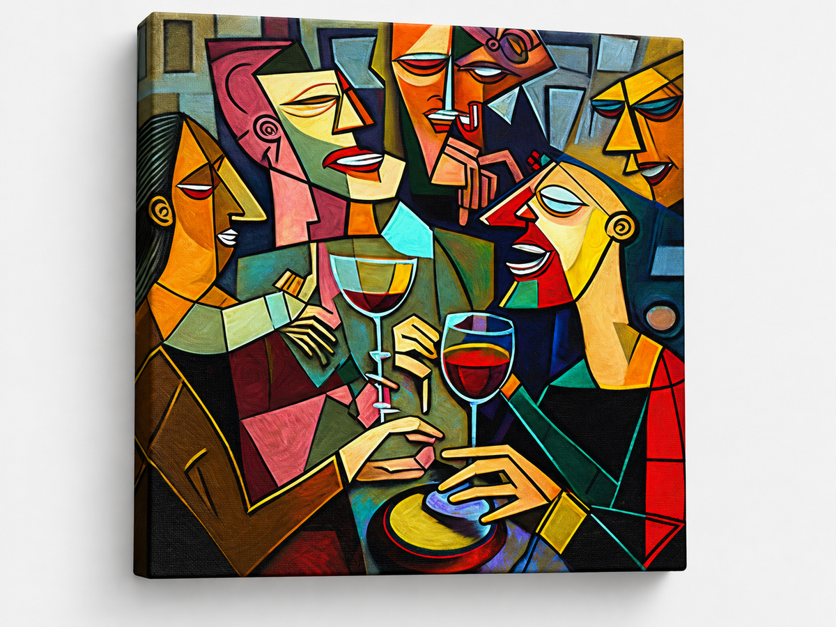 Cubist Wine Party Canvas Print | Picasso-Style Drinking Group Wall Art