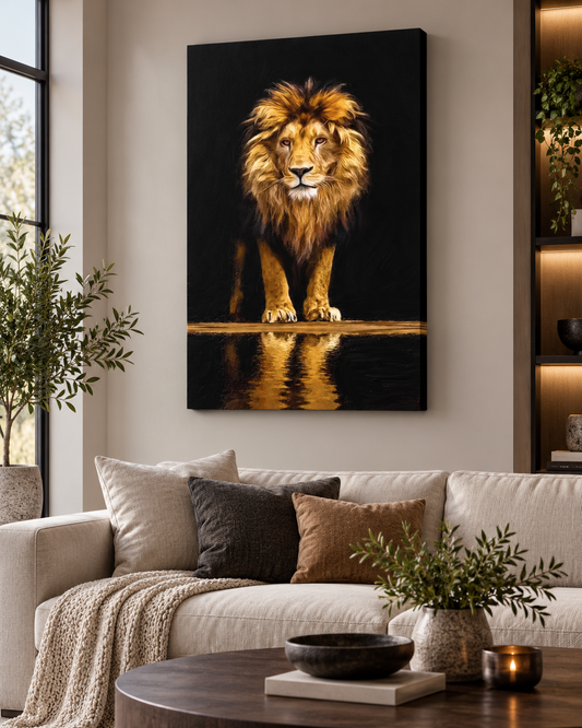 Leo Reflection | Majestic Lion Canvas Print | Black & Gold Animal Wall Art