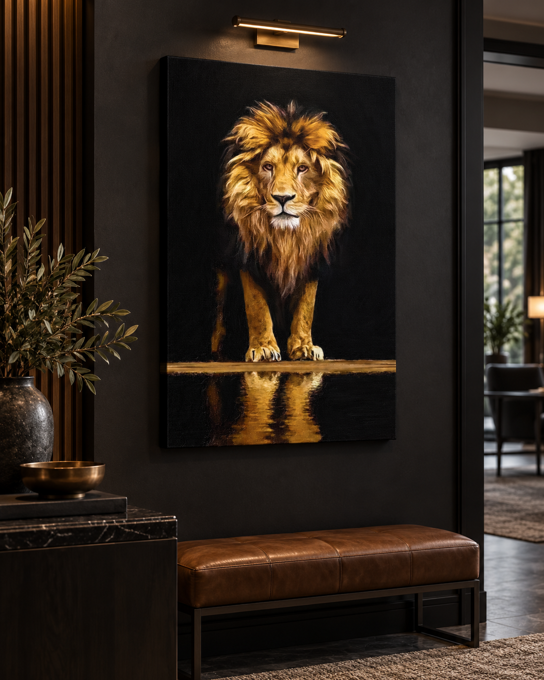 Leo Reflection | Majestic Lion Canvas Print | Black & Gold Animal Wall Art
