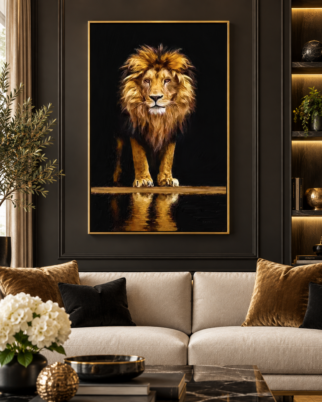 Leo Reflection | Majestic Lion Canvas Print | Black & Gold Animal Wall Art
