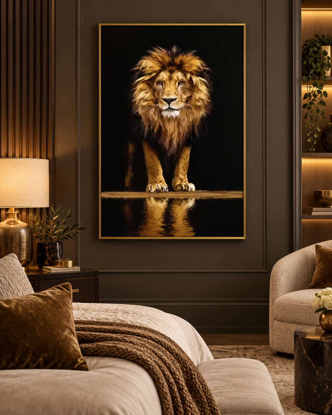 Leo Reflection | Majestic Lion Canvas Print | Black & Gold Animal Wall Art