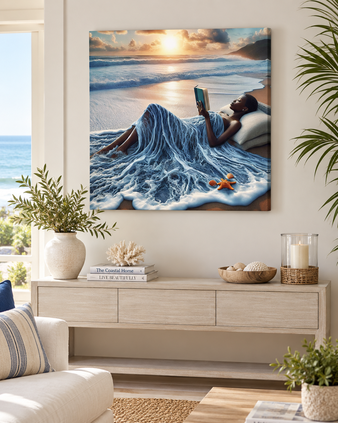 A Good Read by The Ocean | Surrealist Canvas Print | Black Woman Reading Beach Wall Art