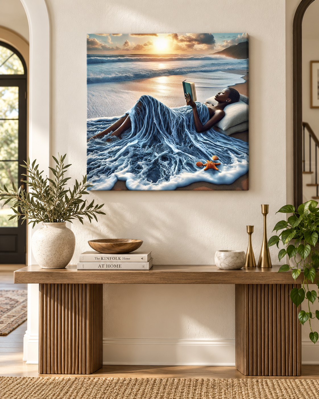 A Good Read by The Ocean | Surrealist Canvas Print | Black Woman Reading Beach Wall Art