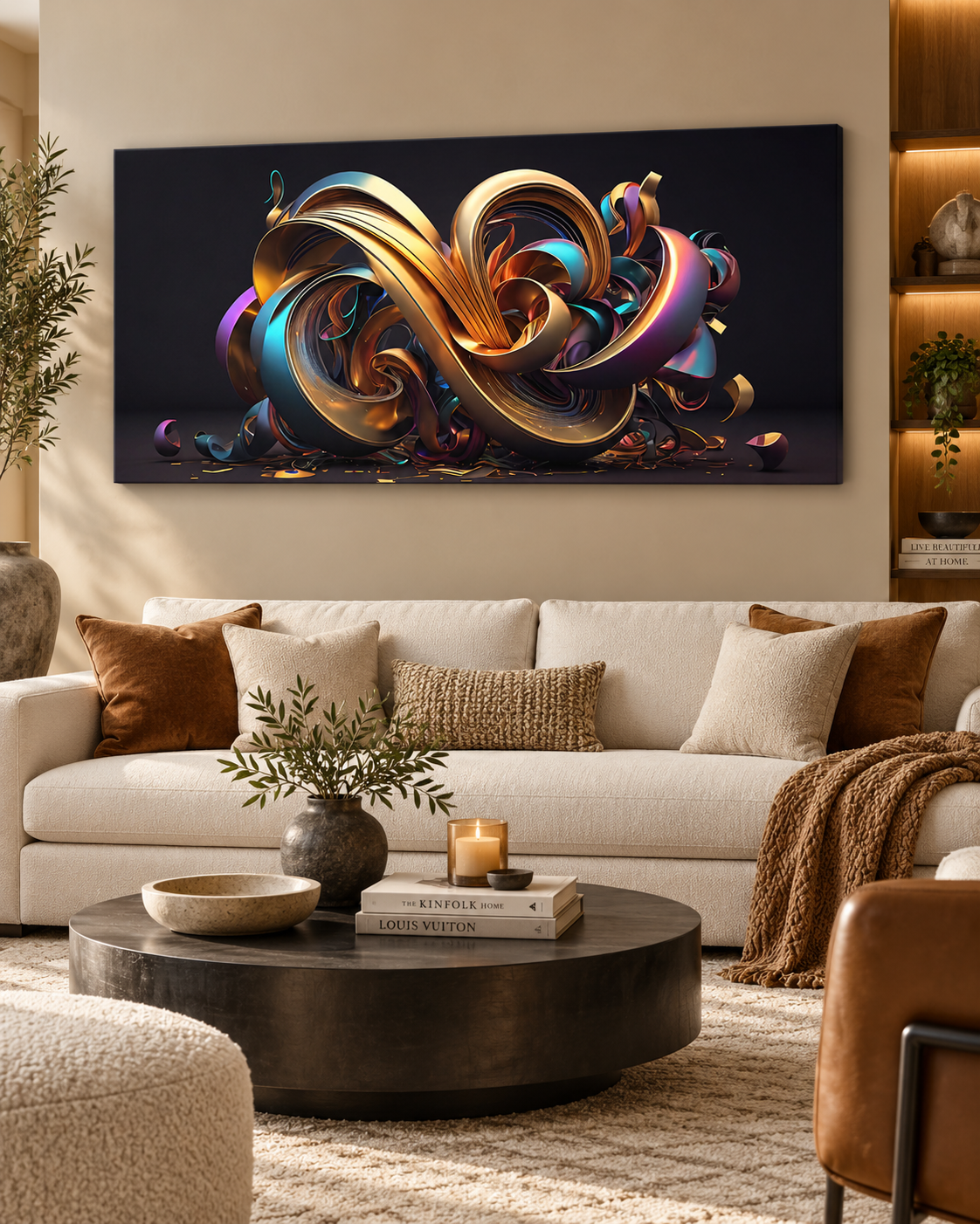 Golden Swirl Abstraction | Large Format Canvas Print | Contemporary 3D Wall Art