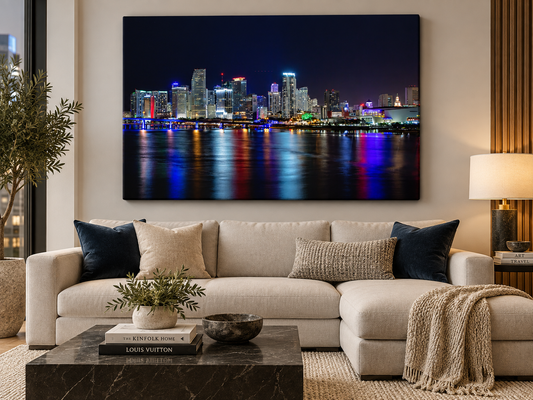 Miami Waterfront at Night | Canvas Print | City Skyline Wall Art