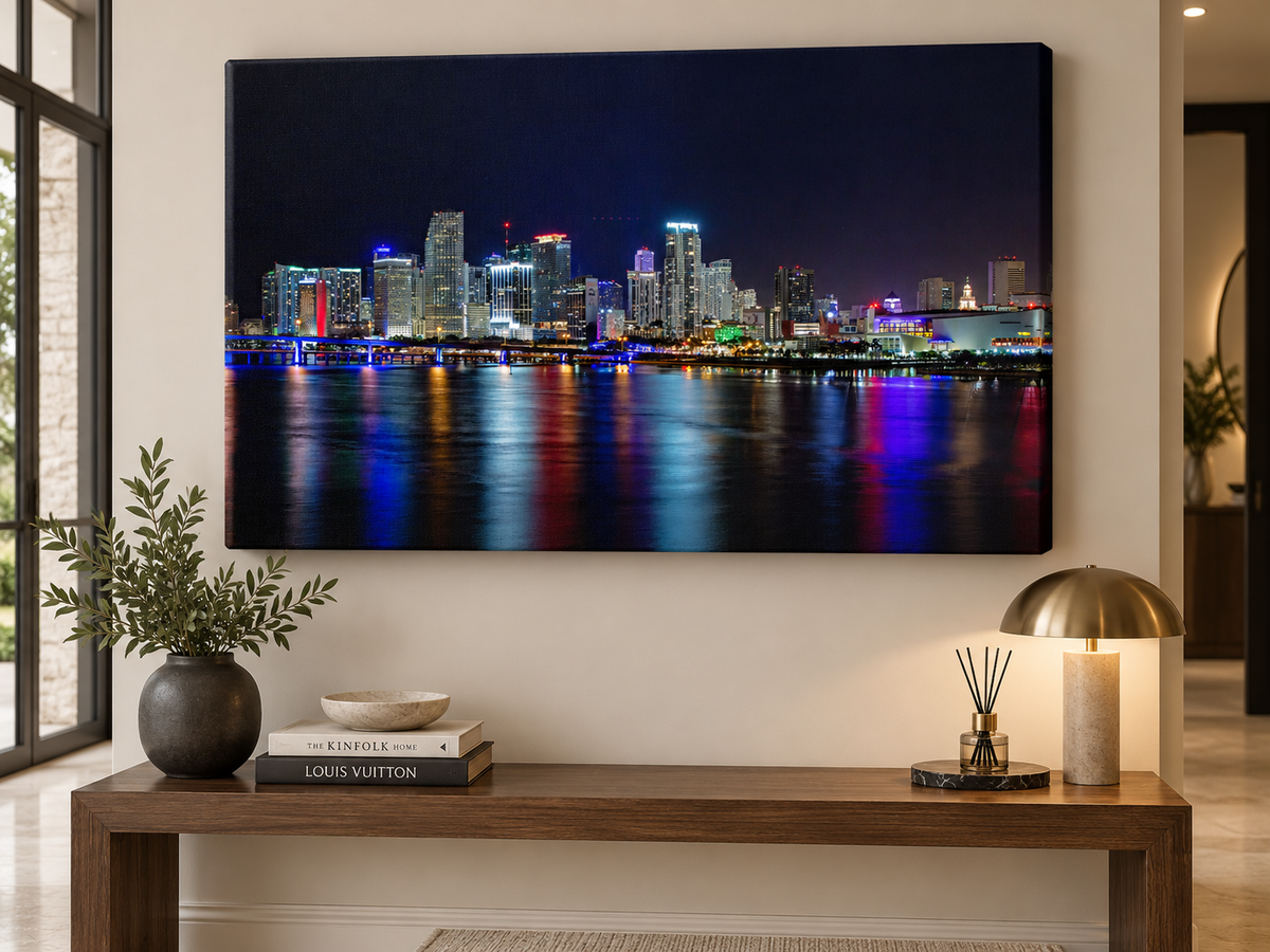 Miami Waterfront at Night | Canvas Print | City Skyline Wall Art