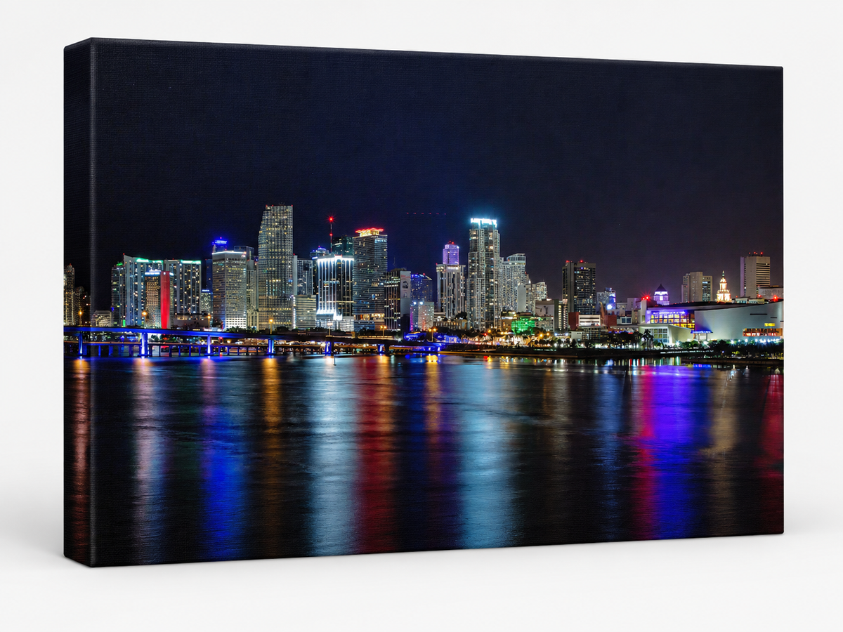 Miami Waterfront at Night | Canvas Print | City Skyline Wall Art