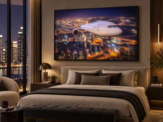 City Lights Flight | Canvas Print | Aviation Night Photography Wall Art