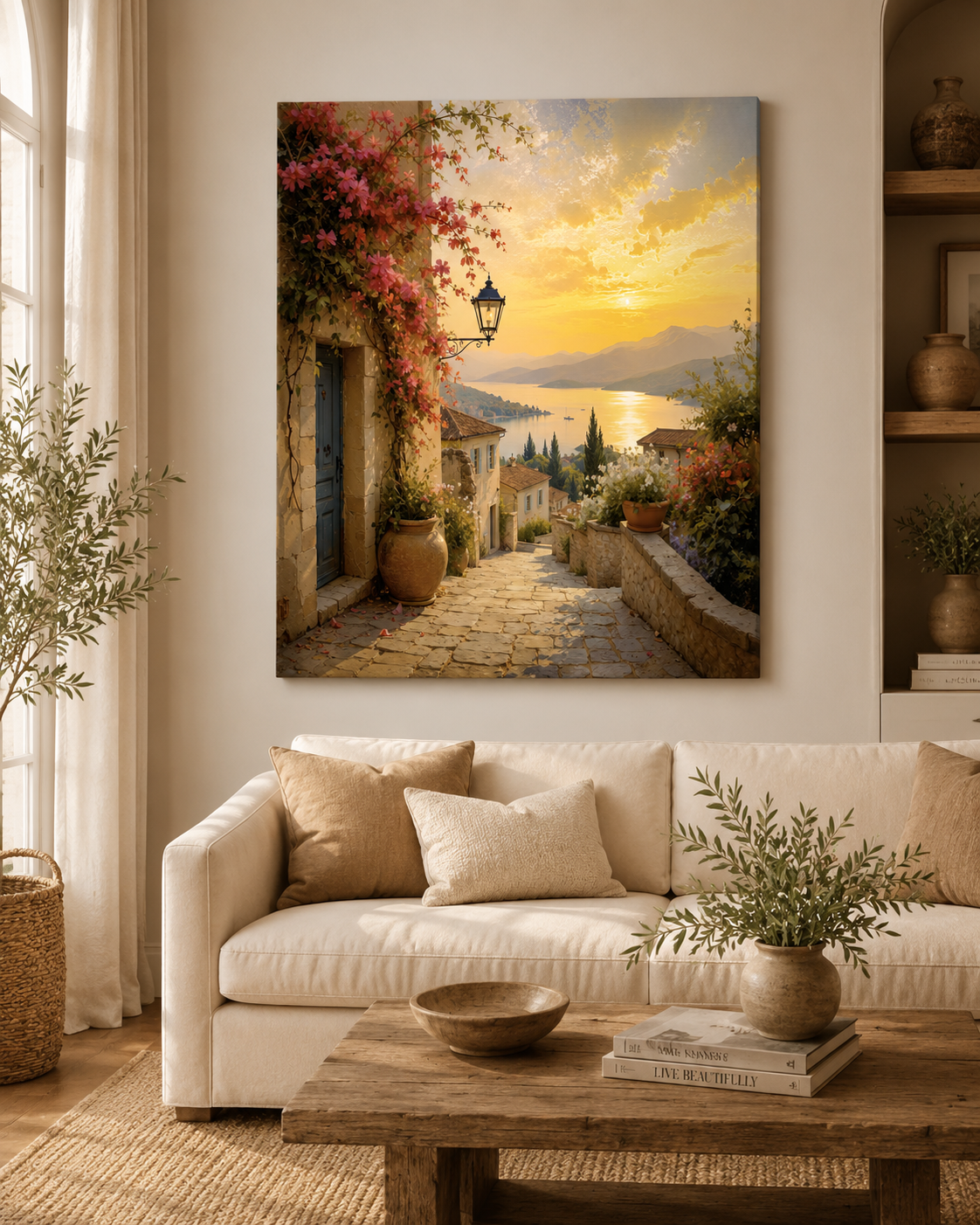 Mediterranean Golden Hour – Coastal Village Sunset Canvas Wall Art