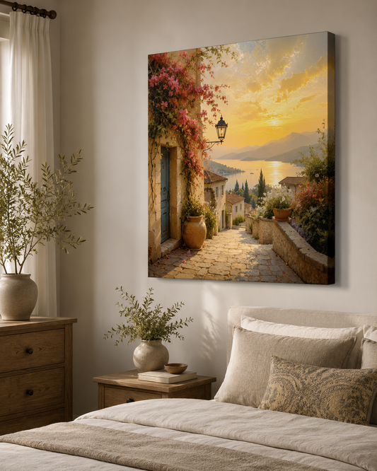 Mediterranean Golden Hour – Coastal Village Sunset Canvas Wall Art