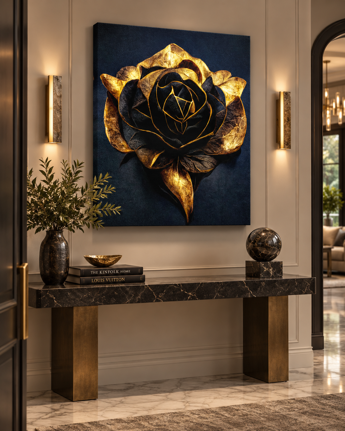 Black & Gold Flower Canvas Print | 36×36 Large Format Wall Art