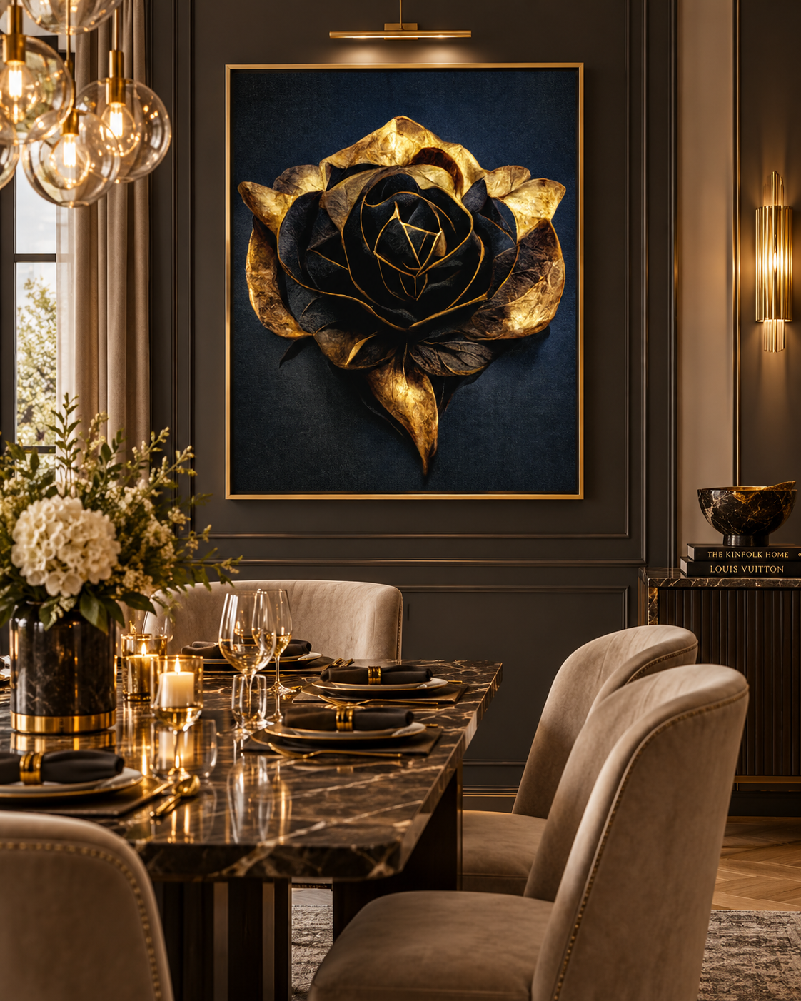 Black & Gold Flower Canvas Print | 36×36 Large Format Wall Art