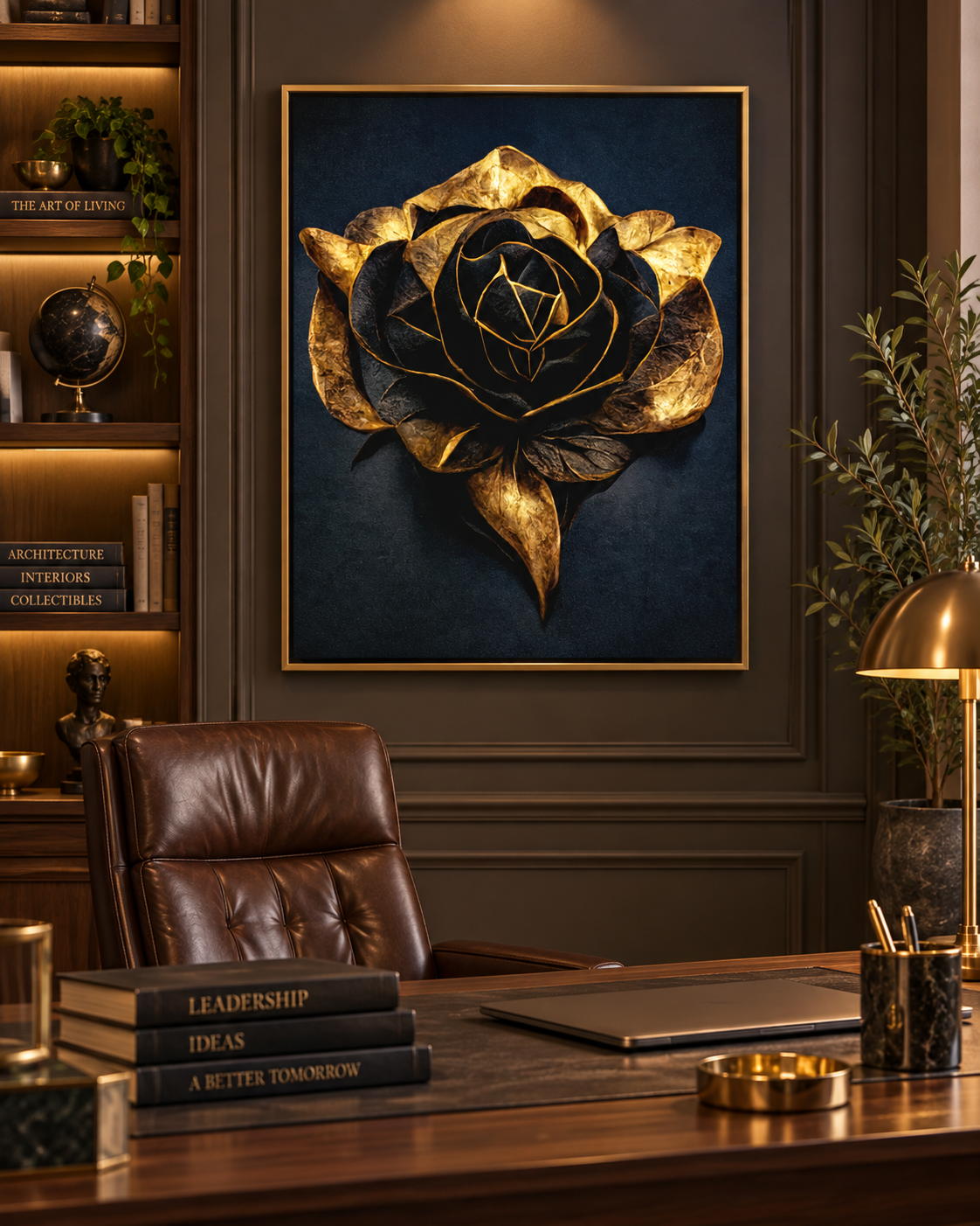 Black & Gold Flower Canvas Print | 36×36 Large Format Wall Art